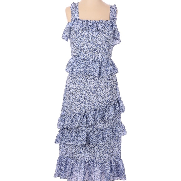 alexia admor blue ivory floral dress Alexia Admor Blue Ivory Floral Tiered Ruffle Dress Sz 4